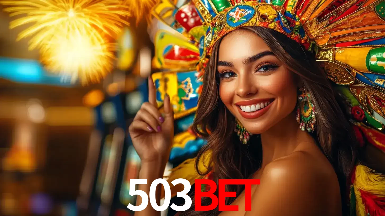Mulher sorridente com um cocar de carnaval vibrante e colorido, celebrando uma grande vitória nos jogos do cassino 503bet com fogos de artifício ao fundo.