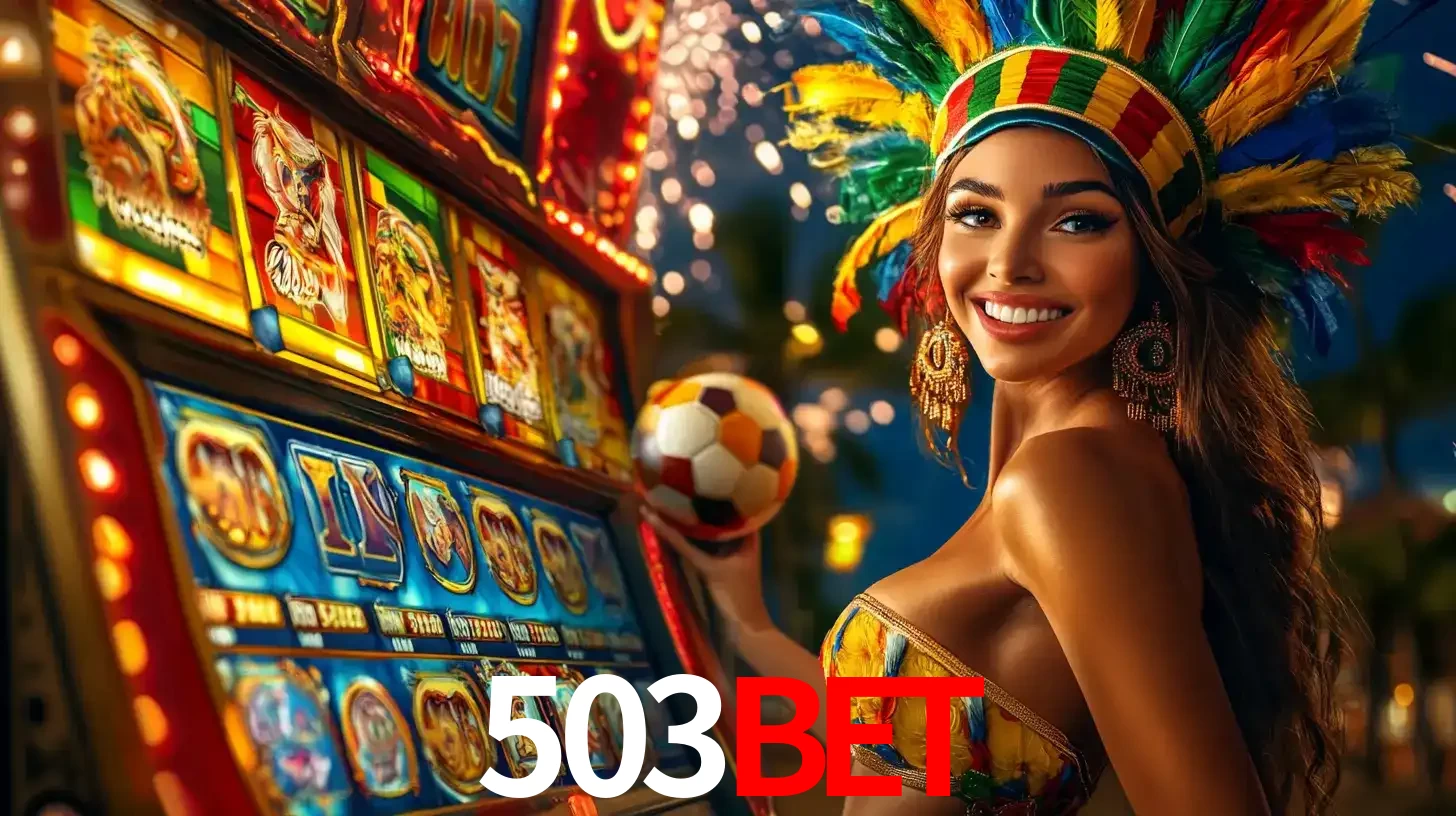 Mulher com um cocar de carnaval ao lado de uma máquina de caça-níqueis enquanto segura uma bola de futebol, mostrando a união da diversão de cassino e esportes no 503bet.