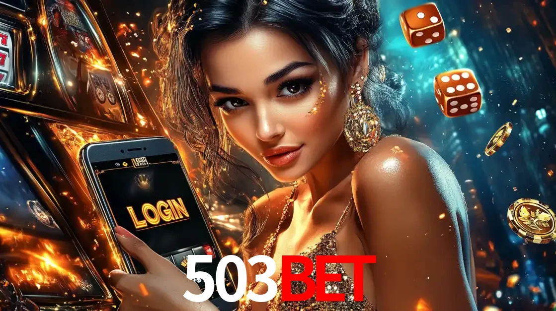 Mulher glamourosa segurando um celular com a tela de login do cassino 503bet, rodeada por dados e moedas douradas, pronta para começar a diversão.