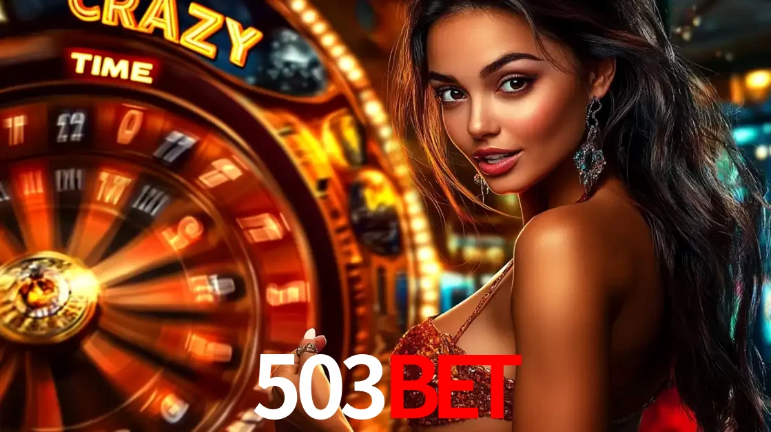 Mulher ao lado da roda de prêmios do jogo de cassino ao vivo Crazy Time, um dos shows de jogos mais emocionantes oferecidos pela plataforma de apostas 503bet.