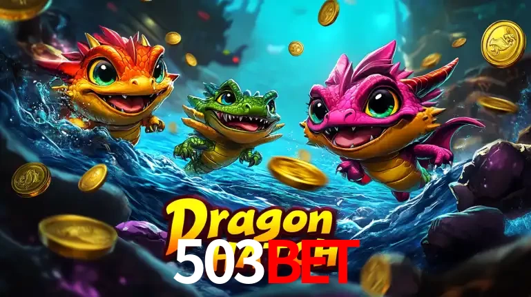 Arte promocional do jogo Dragon Hatch com três adoráveis dragões bebês nadando entre moedas de ouro, um dos slots mais divertidos para jogar no cassino 503bet.