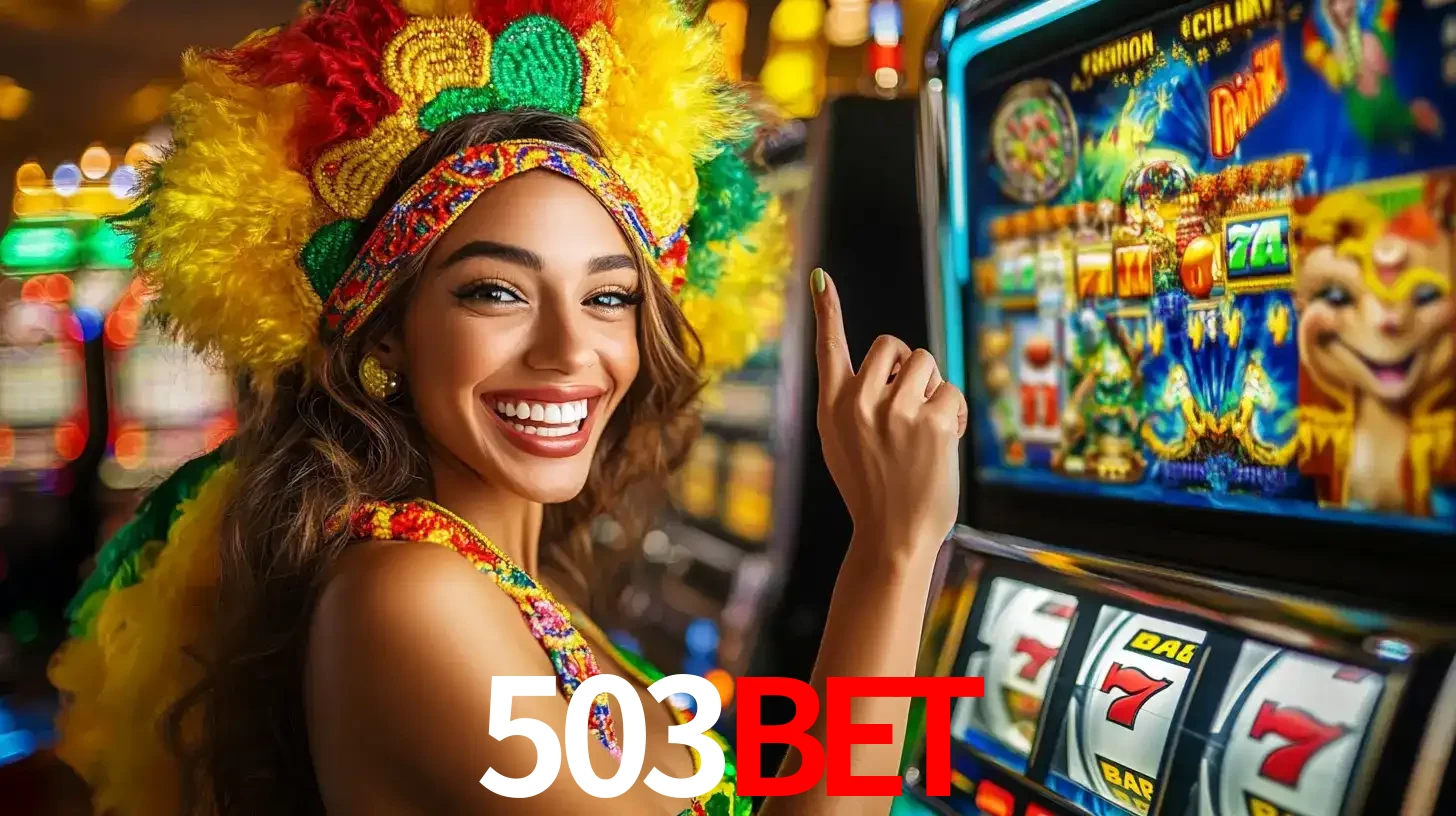 Mulher animada com um cocar de carnaval apontando para uma máquina de caça-níqueis, mostrando a emoção de ganhar um grande prêmio nos jogos do 503bet.