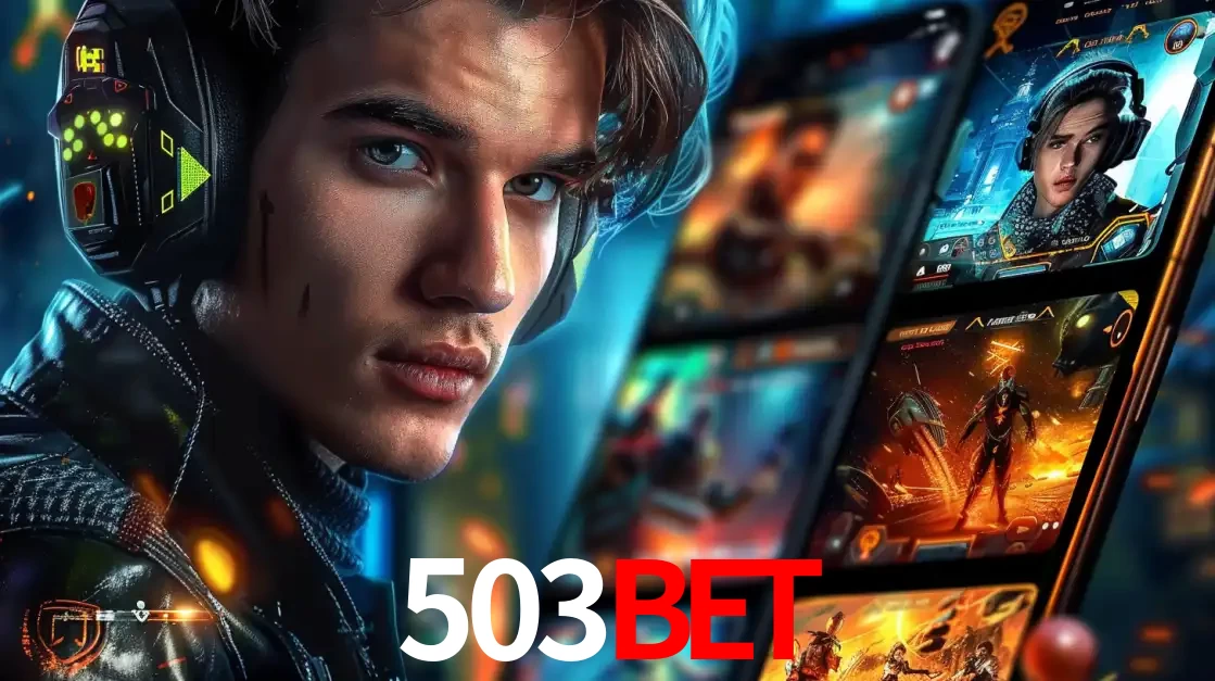 Jovem jogador com fones de ouvido olhando para a câmera, com um aplicativo de jogos e e-sports para celular ao fundo, pronto para a competição e apostas no 503bet.
