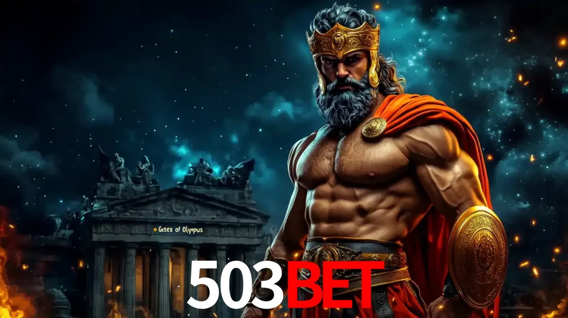 O poderoso Zeus do jogo de slot Gates of Olympus em frente ao seu templo, pronto para lançar multiplicadores divinos e prêmios épicos no cassino online 503bet.
