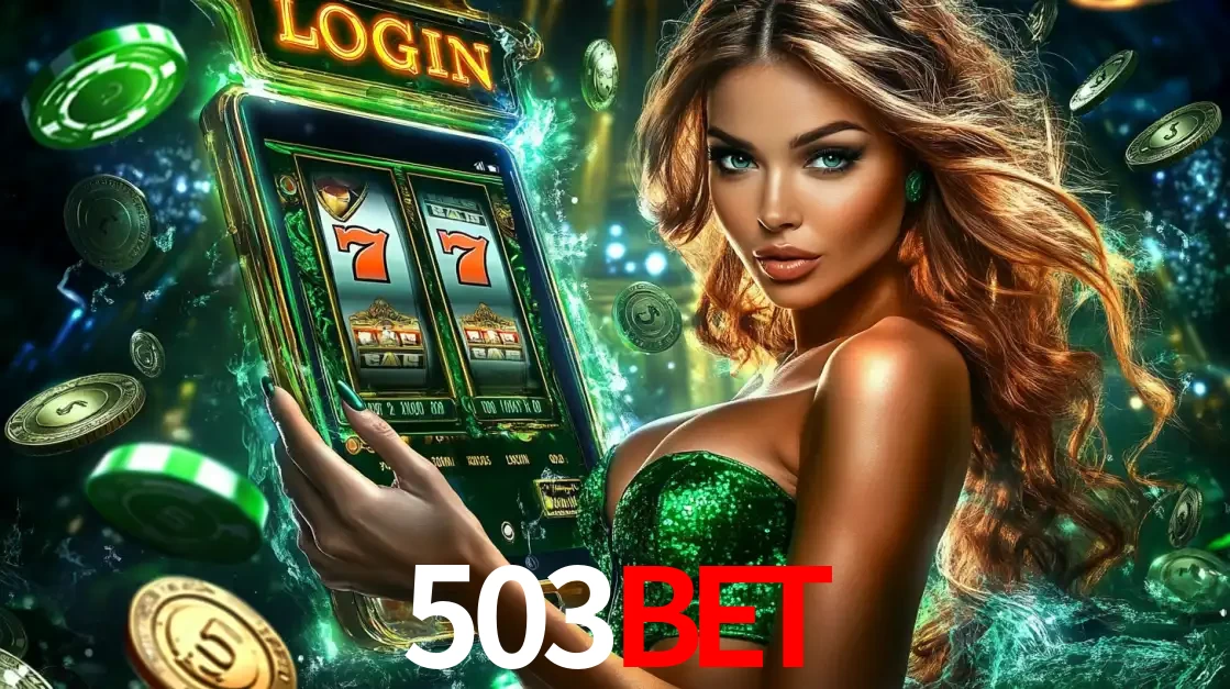 Mulher com tema verde apresentando o aplicativo do cassino 503bet com um jogo de slot de 777, cercada por fichas de cassino e uma aura de sorte.