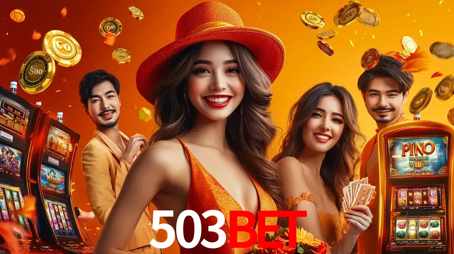 Grupo de amigos asiáticos sorrindo e se divertindo com máquinas de caça-níqueis em um ambiente festivo, celebrando suas vitórias nos jogos de cassino do 503bet.
