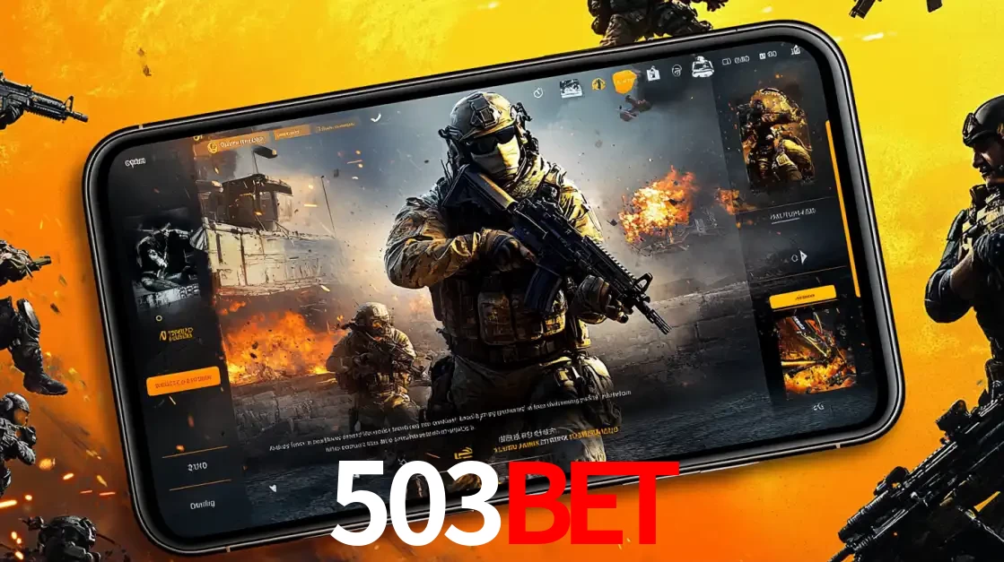 Um smartphone exibindo a interface de um jogo de tiro em primeira pessoa, com um soldado em um cenário de batalha, representando a ação dos e-sports para apostar no 503bet.