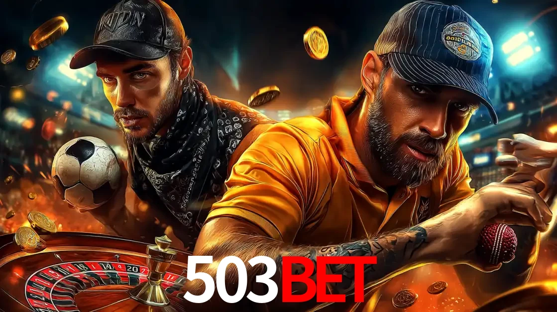 Montagem de apostas esportivas e cassino no 503bet, com um homem segurando uma bola de futebol e outro uma de beisebol sobre uma roleta e moedas voadoras.