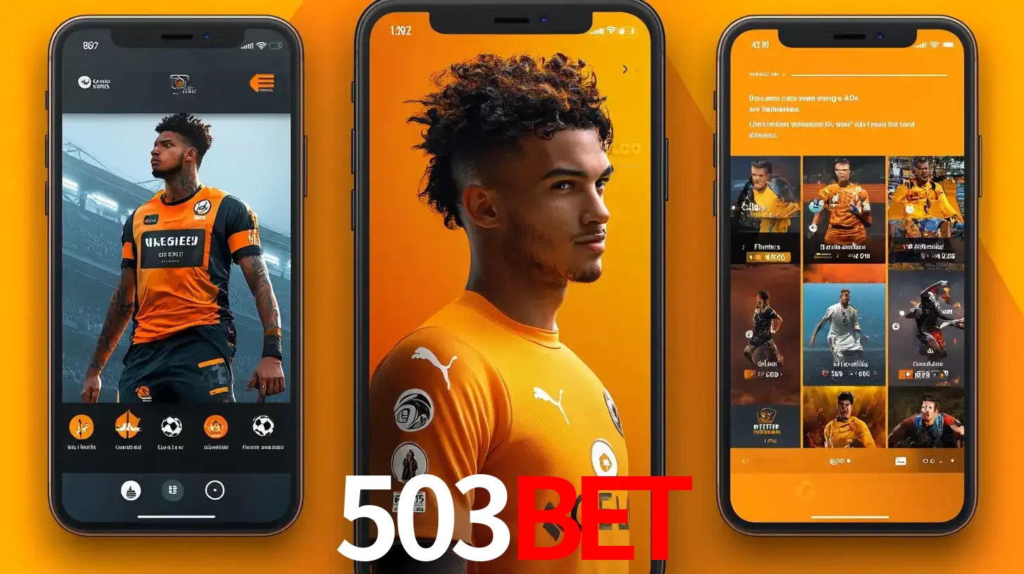 Interface do aplicativo de apostas esportivas 503bet em três telas de celular, mostrando o perfil de um jogador de futebol e a lista de jogos disponíveis para apostar.
