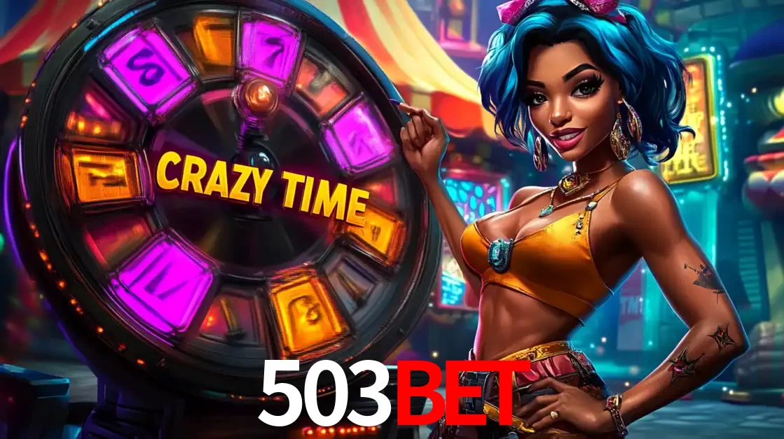 Mulher estilizada com cabelo azul e visual vibrante posando ao lado da roda de prêmios do game show Crazy Time, convidando para a diversão e os bônus do cassino 503bet.
