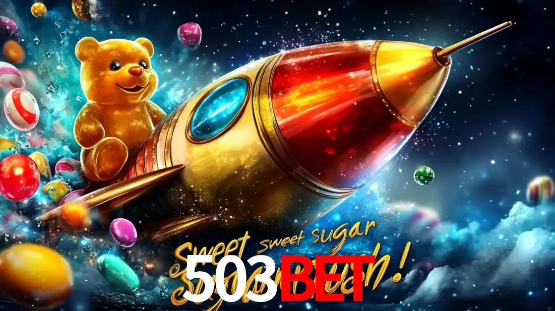 Arte promocional do jogo de slot Sugar Rush, com um urso de pelúcia em um foguete viajando pelo espaço de doces, um dos jogos divertidos disponíveis no cassino 503bet.