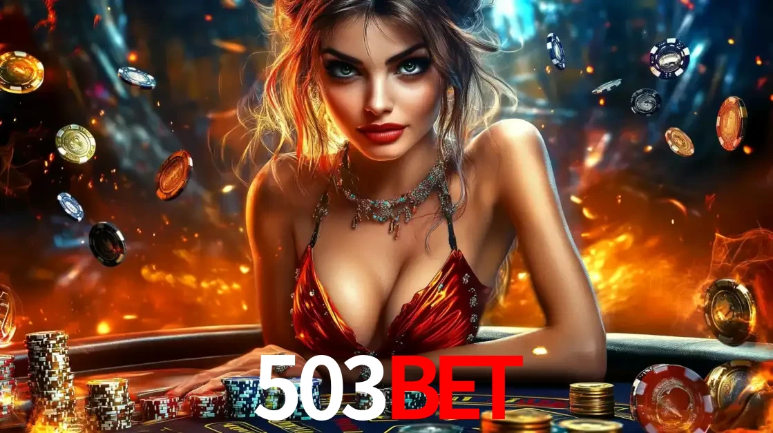 Mulher em uma mesa de cassino com pilhas de fichas e um fundo de fogo, pronta para uma rodada de altas apostas nos jogos de mesa emocionantes do cassino 503bet.