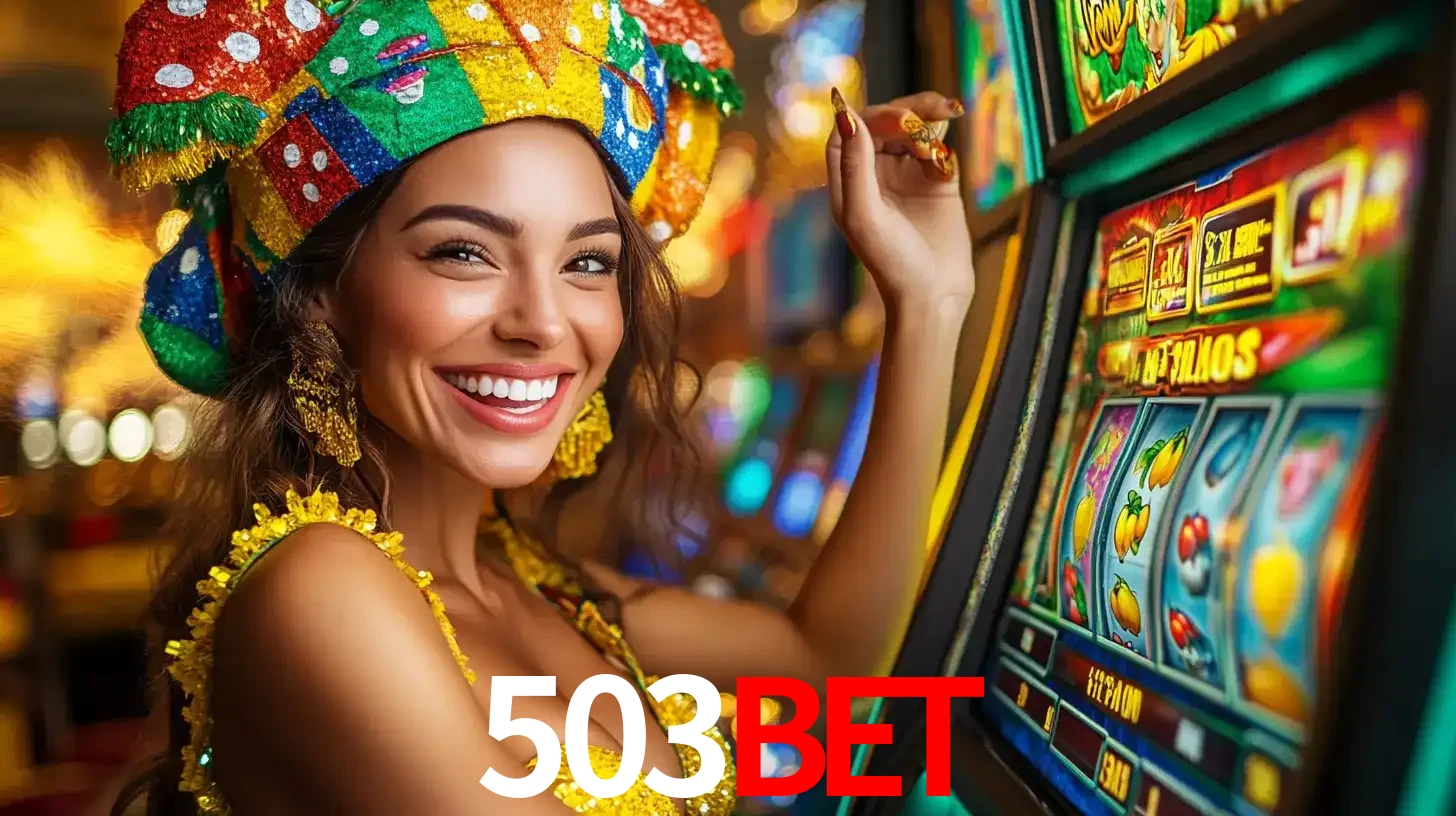 Mulher feliz com traje de carnaval amarelo e colorido ao lado de uma máquina de caça-níqueis, aproveitando a diversão e os jogos temáticos do cassino 503bet.