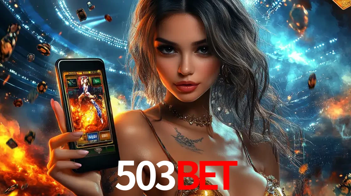 Mulher segurando um celular com um jogo de slot em destaque, tendo como fundo um estádio vibrante, simbolizando a emoção de jogar no cassino móvel 503bet.